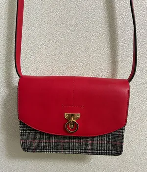 M & S Collection Red Faux Leather and Plaid Crossbody Bag thumbnail 1