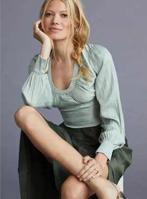 Anthropologie Sage Green Pleated Satin Open Back Blouse XXS Balloon Sleeve thumbnail 1