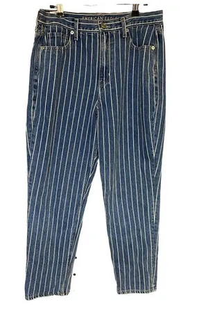 American Eagle Mom Jeans 10 Blue White Striped High Waist Ankle Denim Cotton thumbnail 2