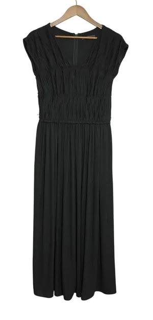 Peruvian Connection Small Black Micro Pleated V-Neck‎ Midi Dress Contemporary thumbnail 1