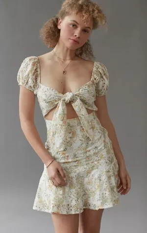 En‎ Saison Yellow Floral Eyelet Mini Dress Puff Sleeve tie Open Front Women’s M thumbnail 1