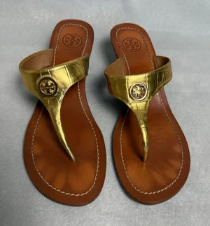 Tory Burch Miller Wedge Sandals Gold Metallic Croc Embossed Logo 8M thumbnail 1