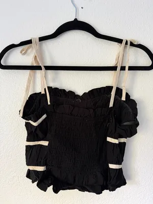 Black Tie-Shoulder Ruffle Crop Top with Cream Trim thumbnail 2