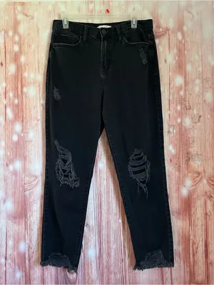 SO Black High Rise Distressed Raw Hem Ankle Length Mom Jeans Size 11/30 thumbnail 2