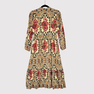A Loves A Womens Dress Brown Vintage Floral Split V Neck Midi A Line Boho XS thumbnail 3