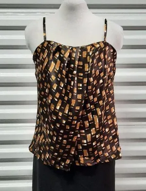 New York & Company Shirt Womens Medium Brown Faux Wrap Sleeveless Top Blouse thumbnail 1