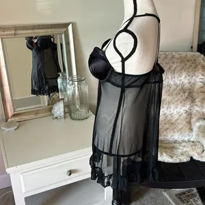 Dolls Kill Black satin sheer mesh ruffle sexy goth vamp maid nighty slip mini dress M​​​​​ thumbnail 5