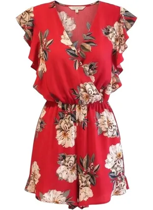 Umgee Floral Romper Red Ruffle Sleeve Surplice Boho Summer‎ Womens Large thumbnail 1