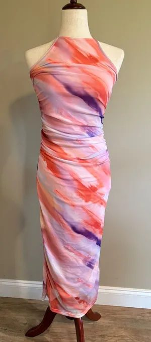 Caution to the Wind Pink Orange Watercolor Ruched‎ Halter Maxi Dress Medium thumbnail 1
