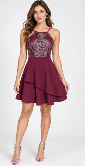 Speechless Burgundy Glitter Lace Fit & Flare Party Dress Size 5 High Neck thumbnail 1