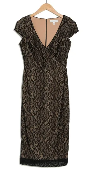 Dress The Population Black Lace Sheath Midi Dress V Neck Cap Sleeve‎ XS thumbnail 1