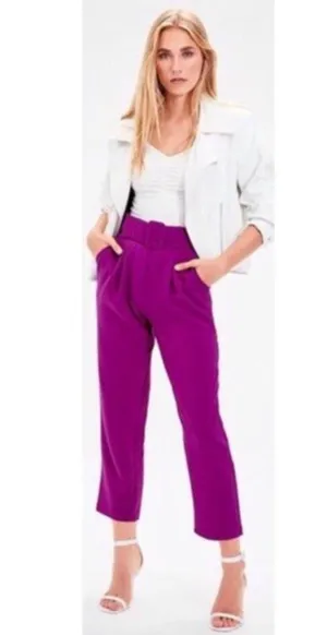 June & Hudson Belted Paper Bag High-Waisted Pants in Fuschia, Size L EXCELLENT thumbnail 1