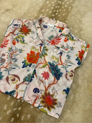 Powell Craft Floral Cotton Pajama Top M/L Pink Botanical Short Sleeve Button Up thumbnail 3