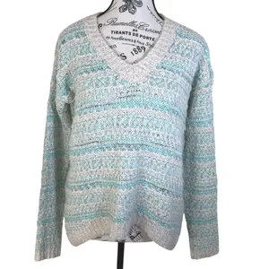 Aeropostale Womens Striped Knit Sweater Blue White Sz M V Neck Coastal Pullover Long Sleeve thumbnail 2