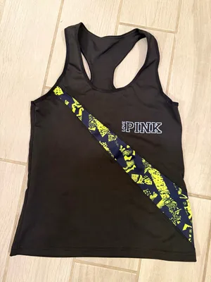 PINK Victoria's Secret Black Tank with Neon Yellow Diagonal Print thumbnail 2