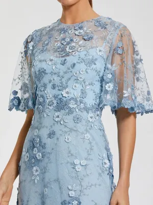 Mac Duggal 68810 Blue Flutter Sleeve Floral Embroidered Net Gown sz 10 thumbnail 2