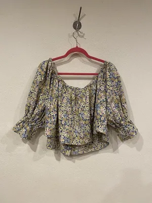 Free People James Blouse Womens Medium Multicolor Floral Off Shoulder Cropped thumbnail 4