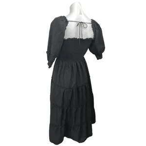 Hill House Home Nesli Black Puff Sleeve Smocked Tiered Midi A-Line Nap Dress XS thumbnail 4