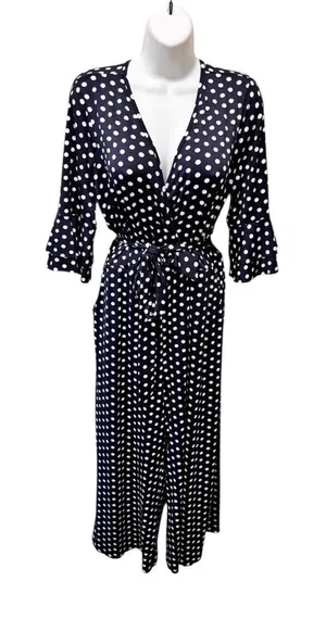 Venus Wide Leg Belted Jumpsuit Sz L Navy White Polka Dot Wrap Bust SS Cropped thumbnail 1