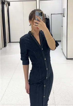 Zara long-sleeve ruched denim maxi dress thumbnail 3