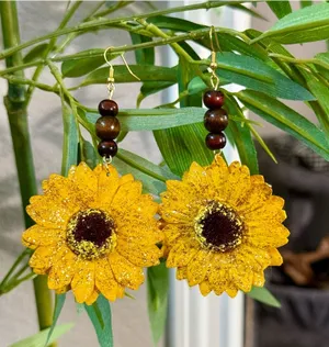 Handmade Handcrafted Boho Glitter Sunflower Dangle Earrings | Wood Bead Accents NEW thumbnail 1