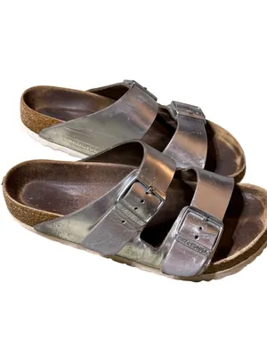 Birkenstock Arizona Silver Metallic Leather Double Strap Sandals Women 37 thumbnail 3