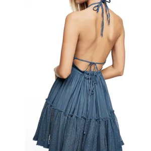 ⁠R Vivimos Blue Halter Mini Dress Size L Boho Mesh Polka Dot Tiered Babydoll thumbnail 2