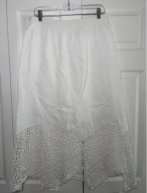 Chico's‎ Crochet Hem Midi Skirt Womens Size 0.5 S White Boho Coastal Linen Blend thumbnail 1