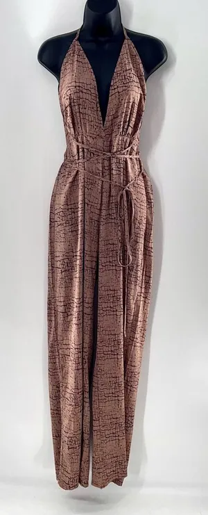 PrettyLittleThing Stone Print Patterned Wide Leg Halter Neck Jumpsuit-Size 8 thumbnail 1