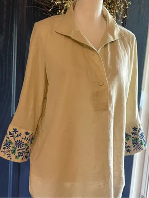 Tuckernuck Tan Floral Cuff Cotton Linen Willow Blouse size XS thumbnail 3