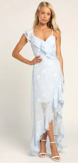 LULUS Forever Be Light Blue Ruffle Rose Print Dress Size Medium NEW NWT thumbnail 1