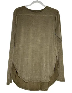 Olive Green‎ Burnout Stripe High-Low Long Sleeve Top Crew Neck Side Slit Relaxed thumbnail 1