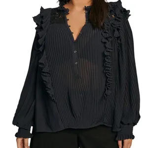 Anthropologie Pleated Ruffled Sheer Lace Blouse‎ Top Black Size LP Whimsigoth thumbnail 1