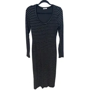 Marine Layer Lexi Ribbed Midi Dress Black White Striped Long Sleeve Size M thumbnail 2