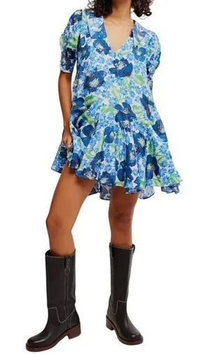 Free People Floral Print Mini Dress Blue Green Moon Chaser Tiered Shift Med NWT‎ thumbnail 1