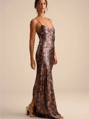Sheeva Shiny Brown Multi Abstract Satin Lace-Up Maxi Dress thumbnail 3