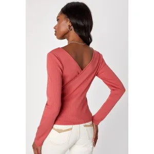 Lulus All Day Fave Rusty Rose Ribbed Surplice Long Sleeve Top Stretch XL NWT thumbnail 3