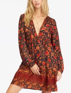 Billabong Dress Long Sleeve Mini Dress Dark Floral V Neck Red Black Medium thumbnail 1