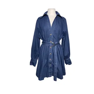 COMMENSE Women’s Belted Button Front Puff Sleeve Dark Wash Denim Dress thumbnail 2