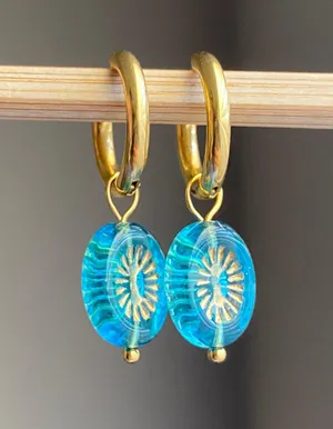 Handmade retro vintage chic whimsical style quality Czech glass beads 2WAY hoop dangle earrings🩵 thumbnail 3