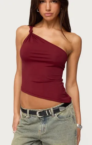 Edikted Knotted One Shoulder Asymmetric Top Maroon Small NWOT thumbnail 1