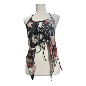 Romwe Black Multicolor Moon Floral Print Halter Top Size L Lace Up Open Back thumbnail 10