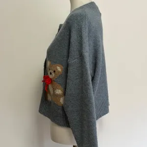 Luna Ivy Cardigan Sweater M Blue Teddy Bear 3D Bow Button Front K5397 thumbnail 4