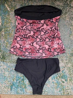 Beachsissi red black snakeskin strapless tankini swimsuit, size large thumbnail 6