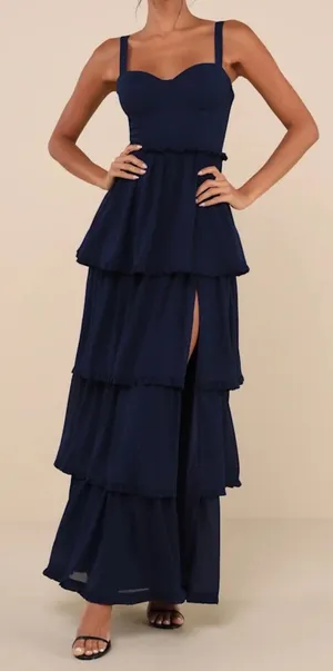 NWOT Lulus SZ Large Sophisticated Occasion Navy Blue Bustier Lace-Up Maxi Dress thumbnail 1