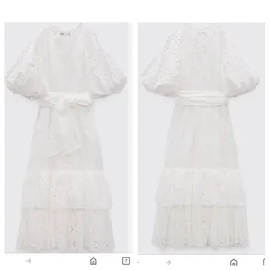 Zara Eyelet Cotton Midi Dress Puff Sleeve Belted Floral Ruffle Tiered Medium thumbnail 2
