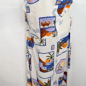 Paper Heart Strapless Maxi Dress Womens L Ivory Postcard Print Smocked Back Side thumbnail 3