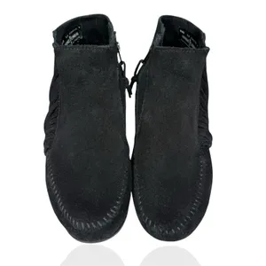 Minnetonka Lacy 9.5 Fringe Ankle Black Suede Leather‎ Bootie Shoe Moccasin Boho thumbnail 3