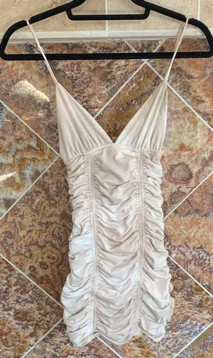 Women's Sky to Moon Cream Beige Bodycon Ruched Mini Dress Small thumbnail 1