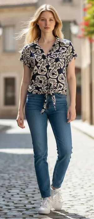 Rachel Zoe Womens Navy Blue Cream Abstract‎ Floral Front Tie Button Blouse Small thumbnail 1